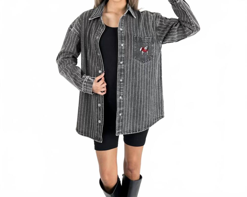 NEW GAMEDAY COUTURE ou micro rhinestone overshirt in gray denim wash / red